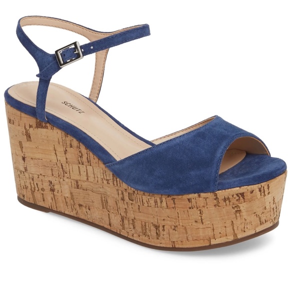 SCHUTZ Shoes - Schutz Heloise Blue Suede Platform Wedge Sandals